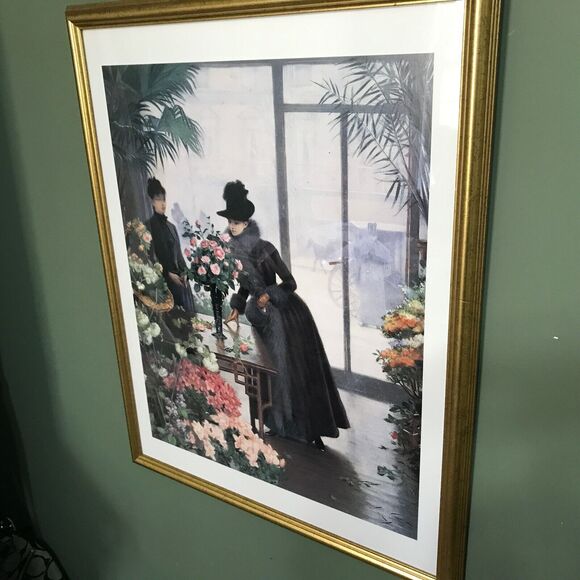 Framed Lithograph: Victor Gabriel Gilbert - Young Woman in Flower Shop - 32"x25" - Picture 3 of 5